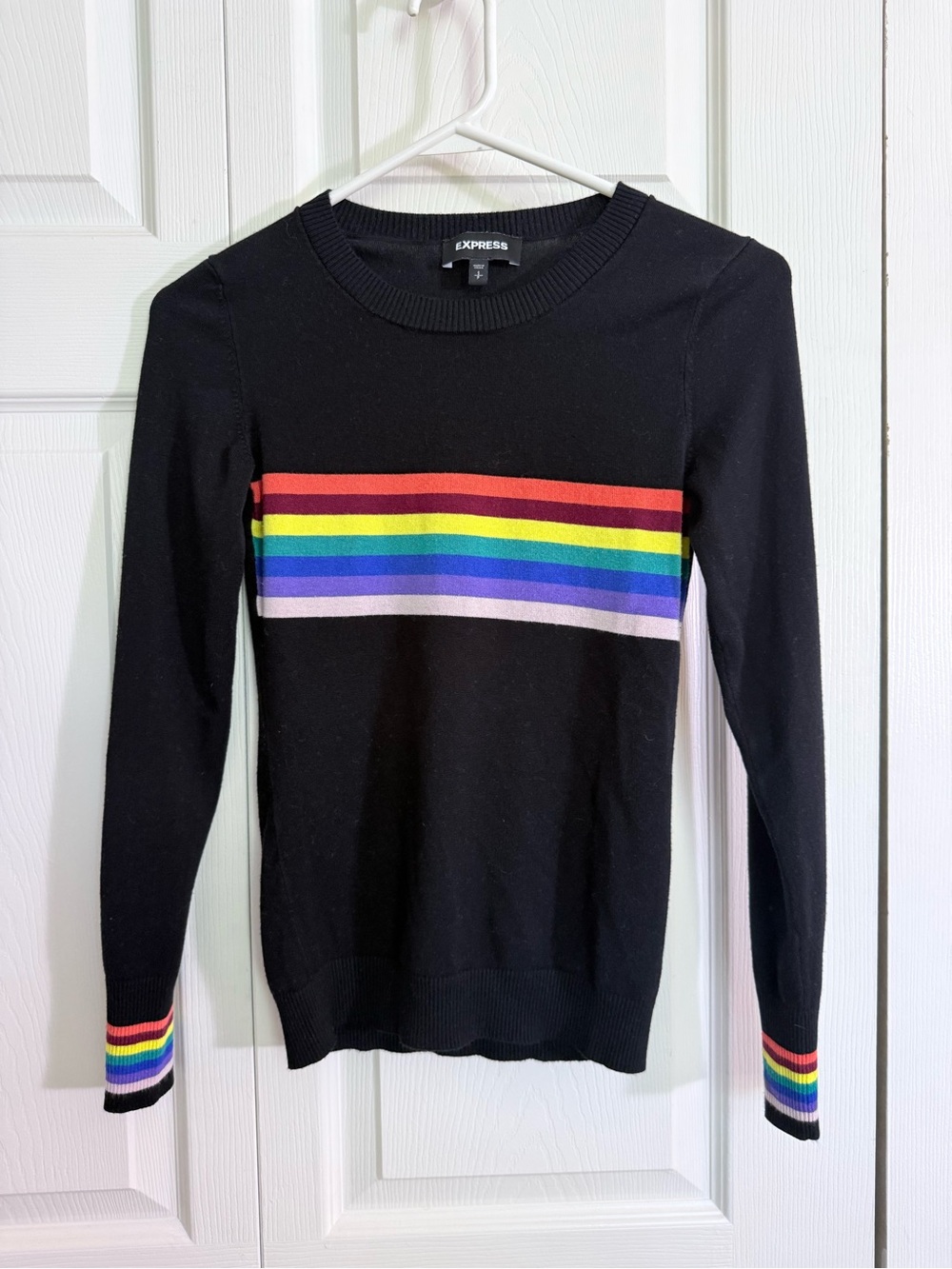 Express Black Crewneck Sweater with Rainbow Chest Stripes